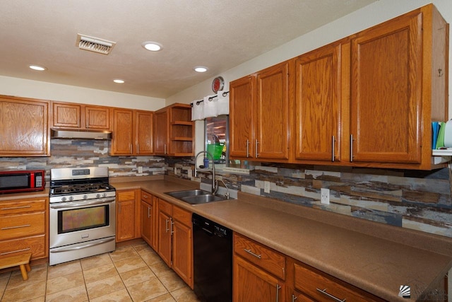 kitchen featuring stainless steel gas range, open shelves, a sink, dishwasher, and backsplash