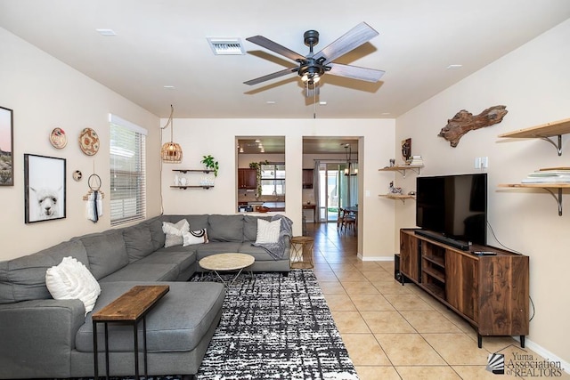 6588 E 35th Pl, Yuma, AZ 85365 - living area featuring light tile patterned flooring, a ceiling fan, and healthy amount of natural light