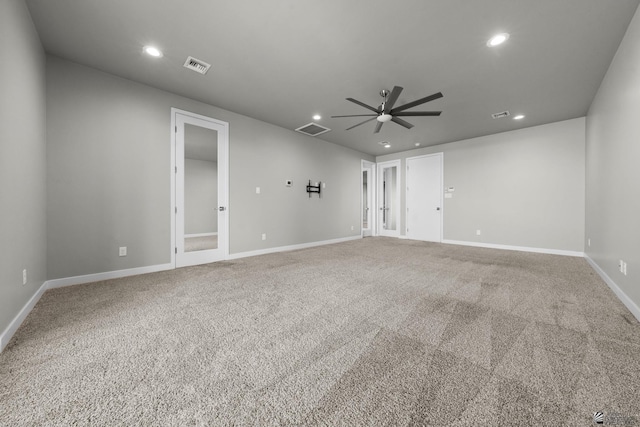 unfurnished room featuring recessed lighting, a ceiling fan, visible vents, and french doors