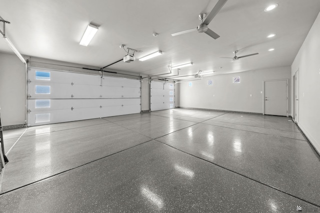 garage with recessed lighting, ceiling fan, baseboards, and a garage door opener