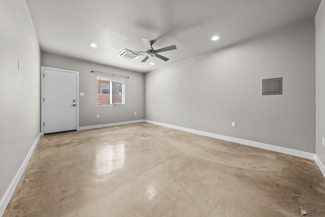 empty room with visible vents, a ceiling fan, concrete flooring, and recessed lighting