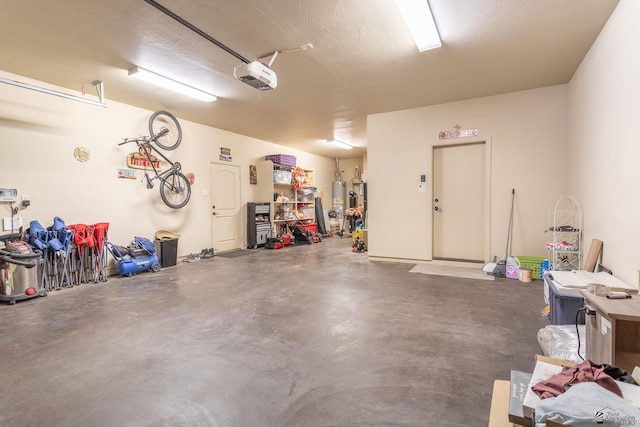 garage with gas water heater and a garage door opener