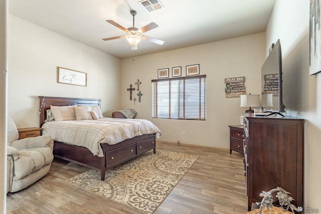 bedroom featuring visible vents, light wood-style flooring, and ceiling fan