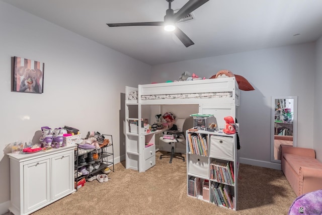 carpeted bedroom with ceiling fan