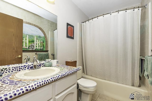 11546 E Via Montana, Yuma, AZ 85367 - bathroom featuring vanity, shower / bathtub combination with curtain, tile patterned floors, and toilet