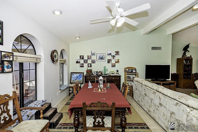 11546 E Via Montana, Yuma, AZ 85367 - dining area featuring a ceiling fan, visible vents, arched walkways, vaulted ceiling, and light tile patterned flooring