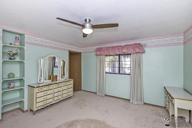 bedroom with light colored carpet and ceiling fan