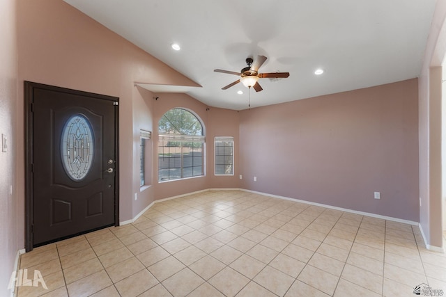 foyer entrance with light tile patterned floors, baseboards, a ceiling fan, and recessed lighting