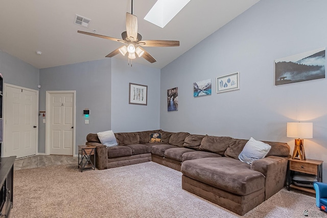 7309 E 37th Pl, Yuma, AZ 85365 - living area featuring a skylight, carpet flooring, ceiling fan, and high vaulted ceiling