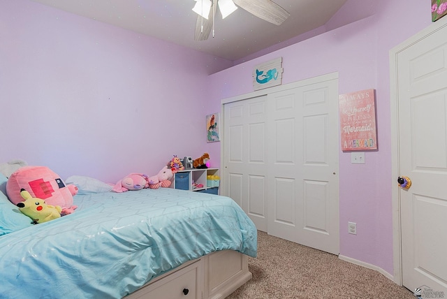 7309 E 37th Pl, Yuma, AZ 85365 - bedroom with light colored carpet, a closet, and a ceiling fan