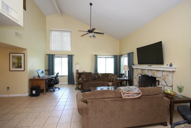 12459 E Del Rey Dr, Yuma, AZ 85367 - living area featuring visible vents, a stone fireplace, light tile patterned floors, and high vaulted ceiling