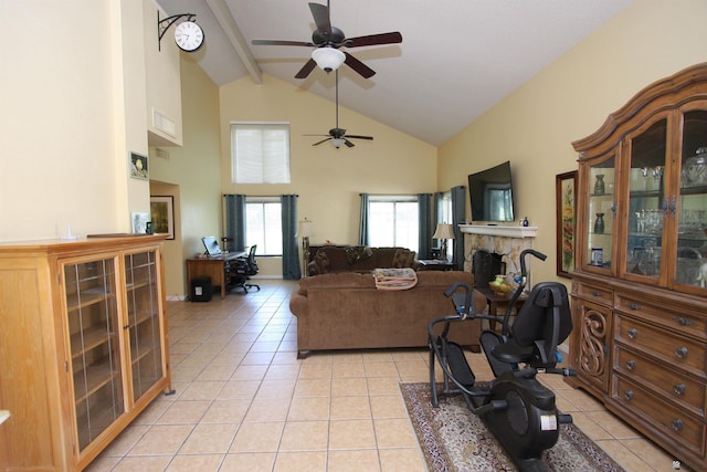 12459 E Del Rey Dr, Yuma, AZ 85367 - living room with a fireplace, high vaulted ceiling, a ceiling fan, light tile patterned floors, and beamed ceiling