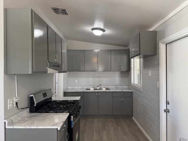 2641 S Las Palmas Vista Ave, Yuma, AZ 85364 - kitchen featuring gray cabinets, stainless steel gas range, a sink, range hood, and wood finished floors