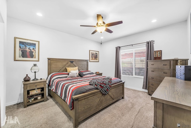 12590 E 48th Dr, Yuma, AZ 85367 - bedroom featuring light carpet, baseboards, recessed lighting, and a ceiling fan