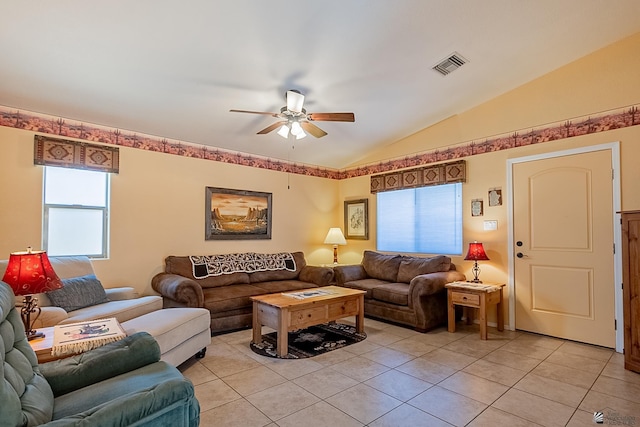 13743 E 45th Ln, Yuma, AZ 85367 - living room featuring ceiling fan, vaulted ceiling, light tile patterned flooring, and visible vents