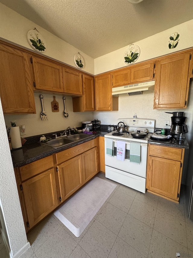 778 W Ramona St, Somerton, AZ 85350 - kitchen with under cabinet range hood, dark countertops, white electric stove, and a sink