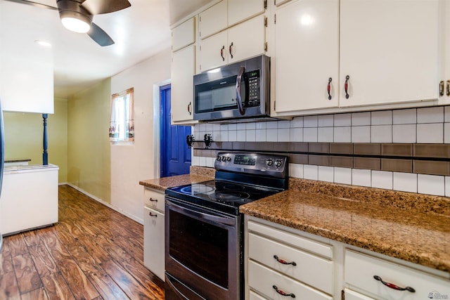 500 S 7th Ave, Yuma, AZ 85364 - kitchen with appliances with stainless steel finishes, dark wood finished floors, white cabinetry, tasteful backsplash, and ceiling fan