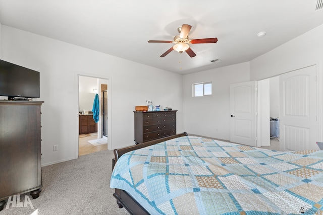 bedroom with carpet flooring, baseboards, visible vents, and ceiling fan