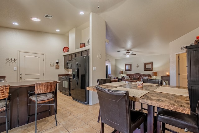 dining area featuring visible vents, a ceiling fan, light tile patterned floors, and recessed lighting