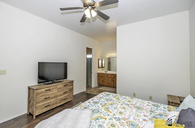 7955 E 37th St, Yuma, AZ 85365 - bedroom featuring dark wood-style floors, ensuite bath, and ceiling fan