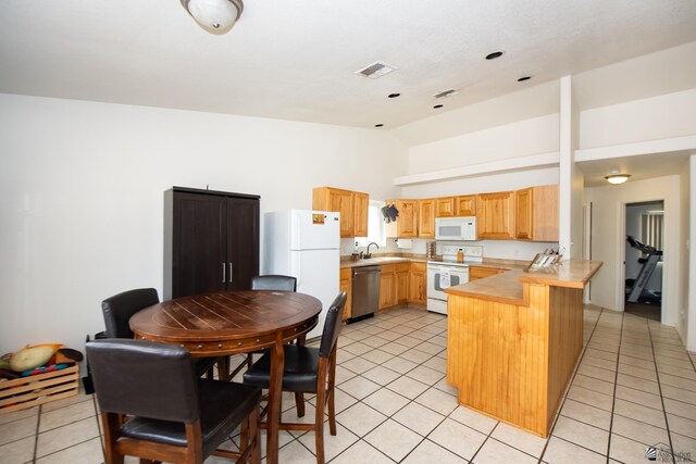 kitchen with a sink, white appliances, high vaulted ceiling, a peninsula, and visible vents