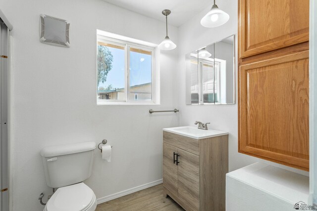 bathroom featuring baseboards, vanity, toilet, and wood finished floors