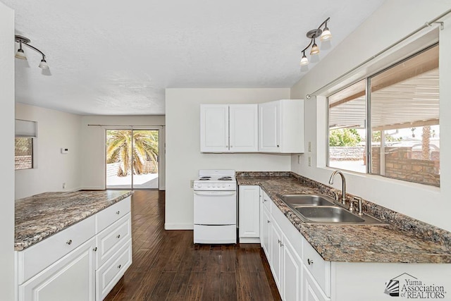 13466 E 47th St, Yuma, AZ 85367 - kitchen featuring white electric stove, dark wood-style flooring, track lighting, white cabinetry, and a textured ceiling