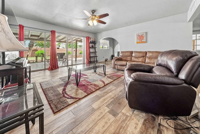 2621 S Walnut Ave, Yuma, AZ 85364 - living room featuring arched walkways, a ceiling fan, wood finished floors, and a textured ceiling