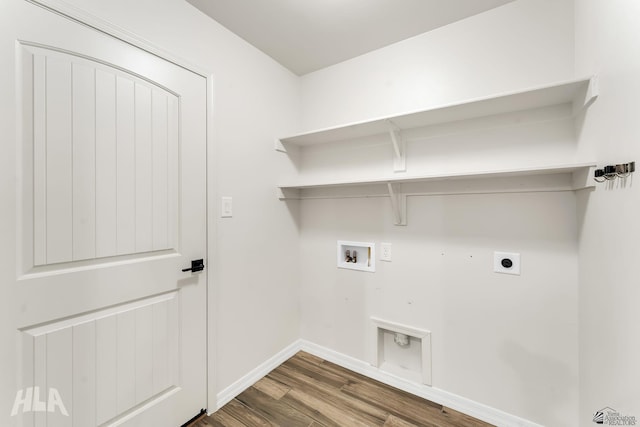 12616 E 49th Dr, Yuma, AZ 85367 - clothes washing area featuring washer hookup, laundry area, baseboards, wood finished floors, and hookup for an electric dryer
