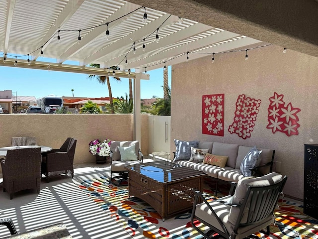 view of patio / terrace featuring an outdoor living space, outdoor dining area, and a pergola
