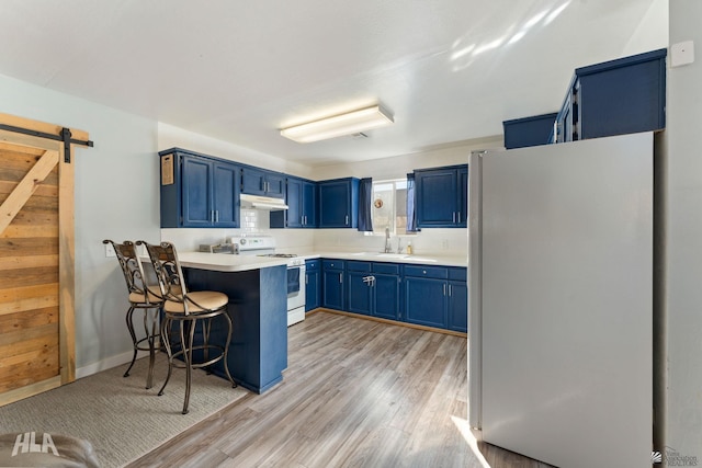 14419 E Fortuna Palms Pl, Yuma, AZ 85367 - kitchen featuring blue cabinetry, a barn door, a peninsula, under cabinet range hood, and white appliances