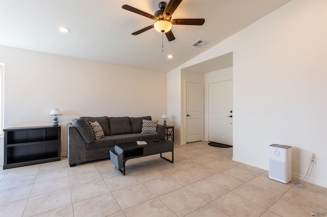 11602 E 33rd St, Yuma, AZ 85367 - living area featuring ceiling fan, recessed lighting, light tile patterned floors, vaulted ceiling, and visible vents