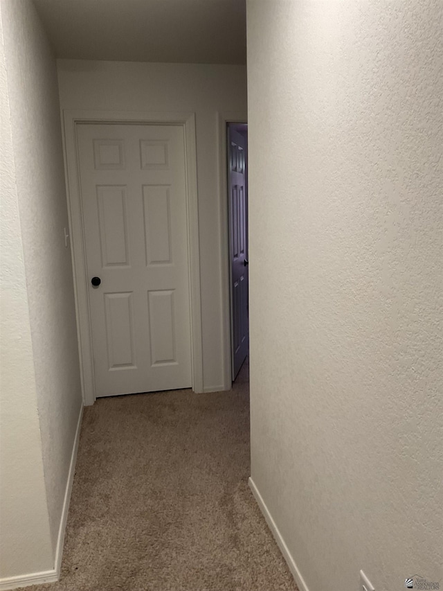 hall with carpet floors, baseboards, and a textured wall