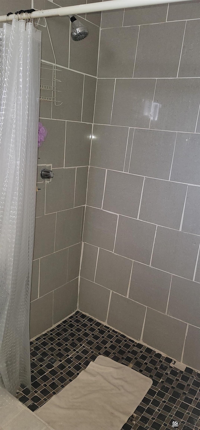 full bathroom with tile patterned floors and a stall shower