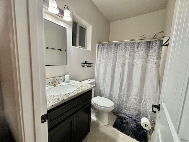full bath with vanity, tile patterned flooring, toilet, and a shower with shower curtain