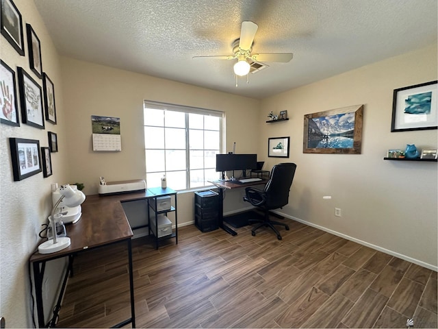 11228 E 25th St, Yuma, AZ 85367 - office area with dark wood-style floors, ceiling fan, a textured ceiling, and baseboards