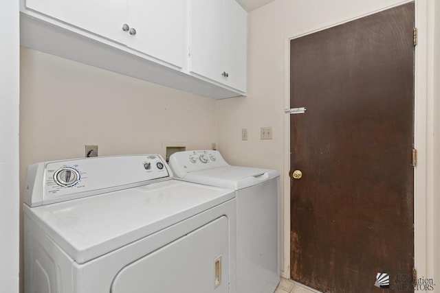2413 W 13th Pl, Yuma, AZ 85364 - washroom featuring washing machine and dryer, cabinet space, and light tile patterned floors