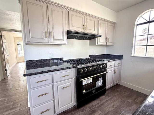 2472 S 18th Ave, Yuma, AZ 85364 - kitchen featuring gas range oven, under cabinet range hood, dark wood-style floors, baseboards, and dark stone counters