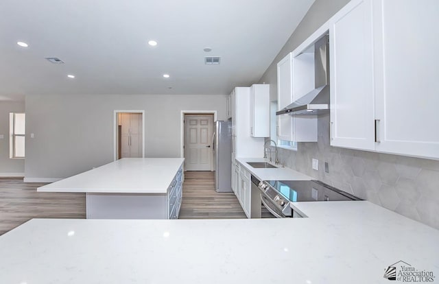 kitchen featuring white cabinetry, sink, stainless steel appliances, and wall chimney exhaust hood