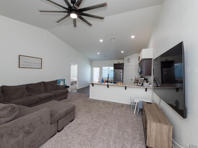 7335 E 36th Rd, Yuma, AZ 85365 - living room featuring ceiling fan, lofted ceiling, recessed lighting, and dark carpet