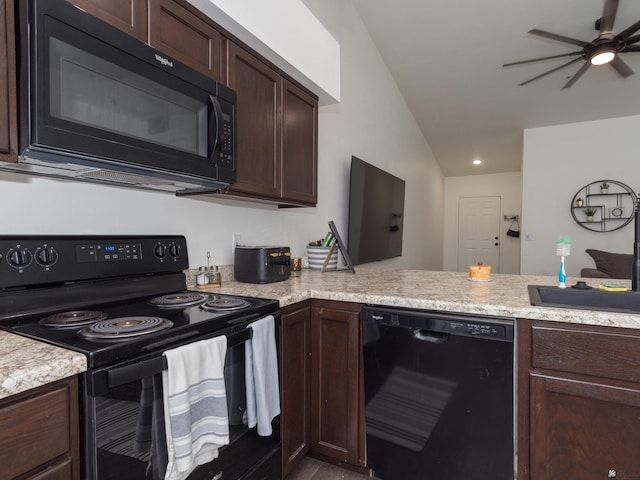 7335 E 36th Rd, Yuma, AZ 85365 - kitchen with black appliances, ceiling fan, light countertops, dark brown cabinetry, and vaulted ceiling