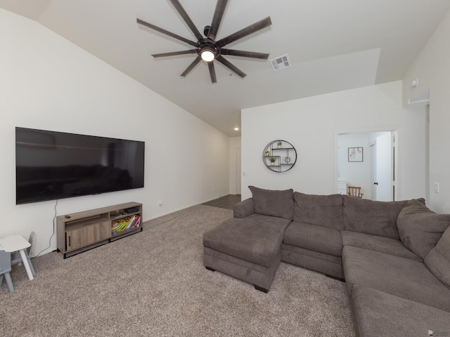 7335 E 36th Rd, Yuma, AZ 85365 - living room with vaulted ceiling, ceiling fan, and carpet flooring