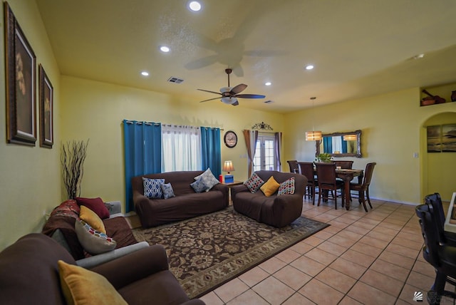 living room with recessed lighting, ceiling fan, light tile patterned floors, and visible vents