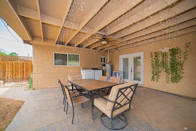 2556 W 14th St, Yuma, AZ 85364 - view of patio / terrace with separate washer and dryer, ceiling fan, french doors, outdoor dining space, and gas water heater