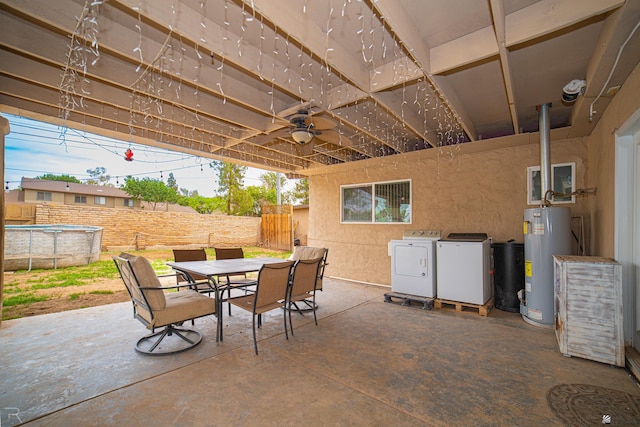 2556 W 14th St, Yuma, AZ 85364 - view of patio / terrace featuring water heater, washer and clothes dryer, outdoor dining space, and ceiling fan