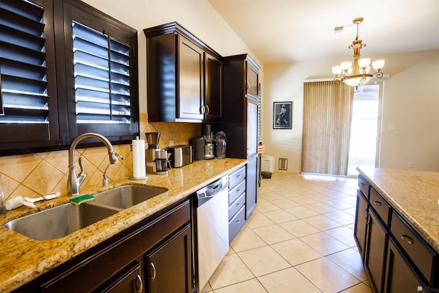 7942 E 36th Ln, Yuma, AZ 85365 - kitchen with a sink, dishwasher, decorative backsplash, decorative light fixtures, and dark brown cabinets