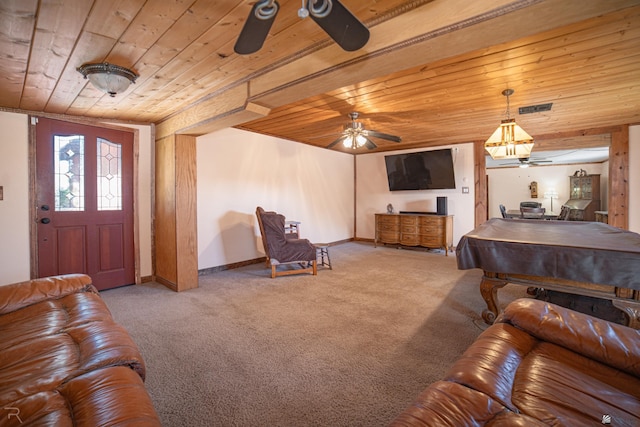 living room with ceiling fan, wooden ceiling, carpet, billiards, and baseboards