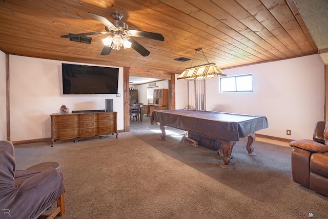 rec room featuring wooden ceiling, pool table, carpet flooring, a ceiling fan, and baseboards