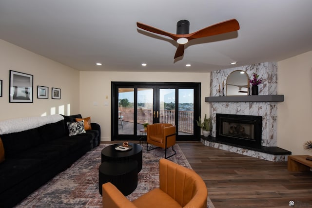 2172 S Terrace Way, Yuma, AZ 85364 - living room with wood finished floors, recessed lighting, a fireplace, and ceiling fan