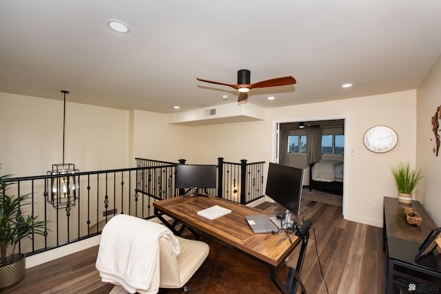 2172 S Terrace Way, Yuma, AZ 85364 - office area featuring ceiling fan, wood finished floors, recessed lighting, and baseboards